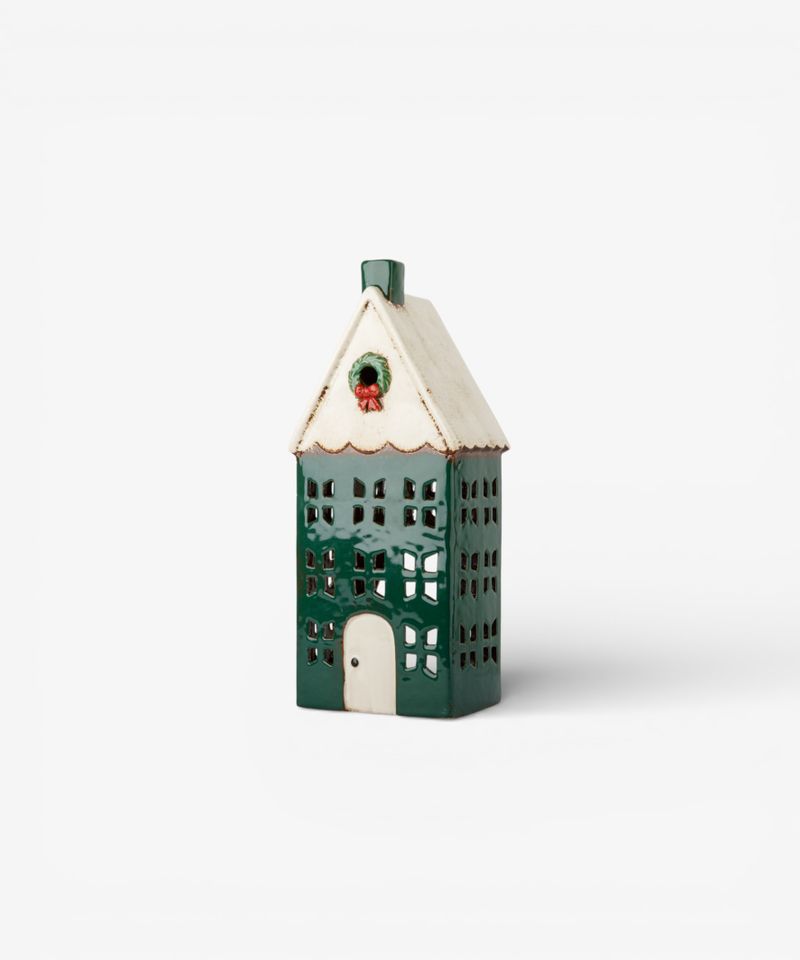 Christmas Tea Light House Green with Wreath Large