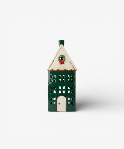 Christmas Tea Light House Green with Wreath Large