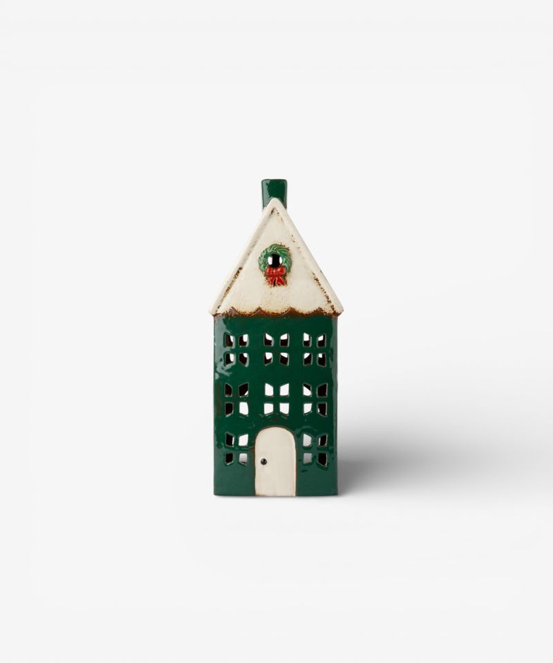 Christmas Tea Light House Green with Wreath Large