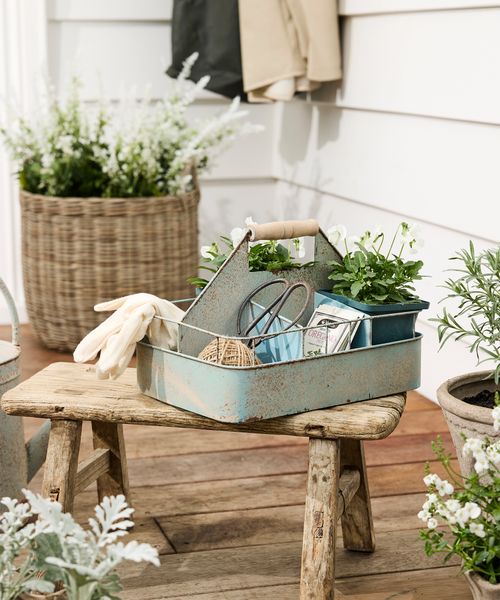 Vintage Metal Garden Tool Crate Antique Blue