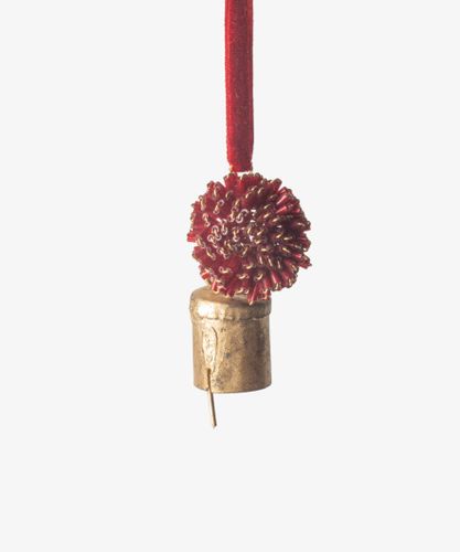 Beaded Pompom Bell Decoration Red