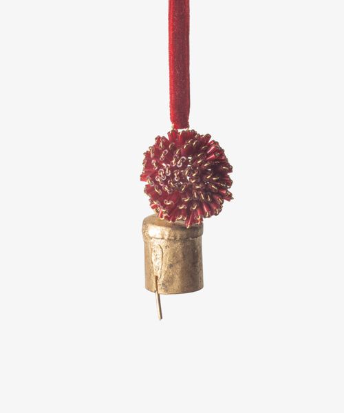 Beaded Pompom Bell Decoration Red