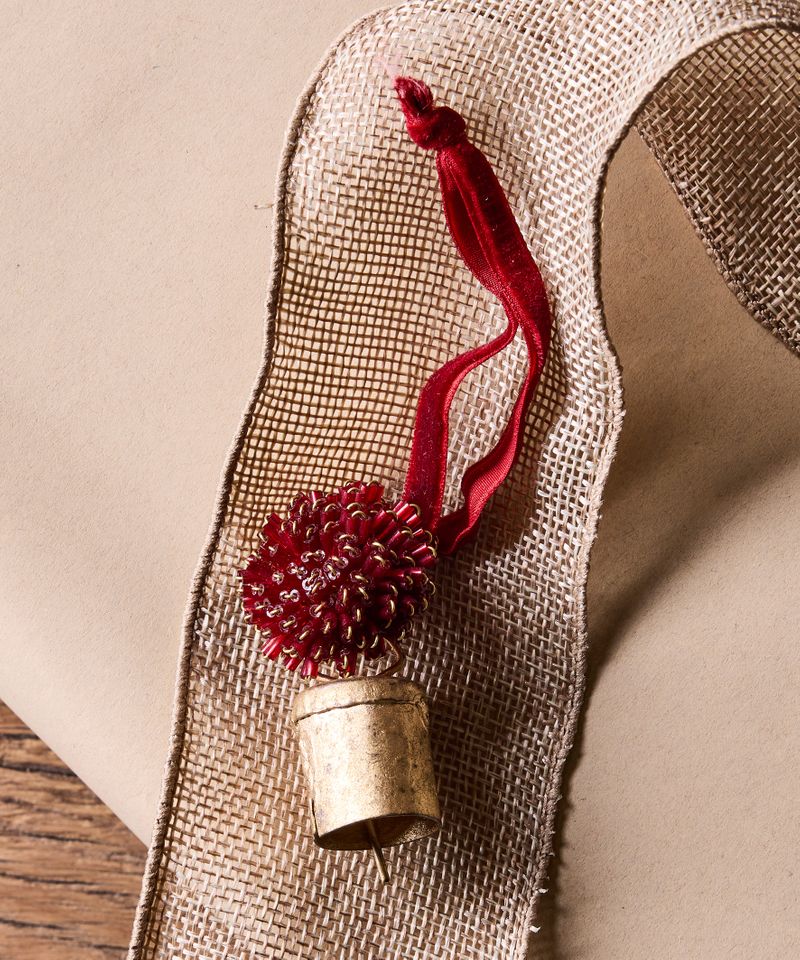 Beaded Pompom Bell Decoration Red