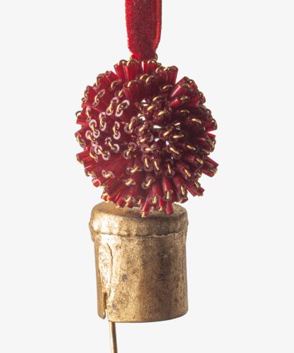 Beaded Pompom Bell Decoration Red