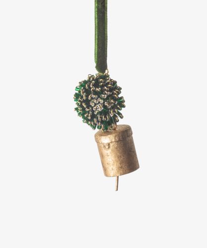 Beaded Pompom Bell Decoration Green