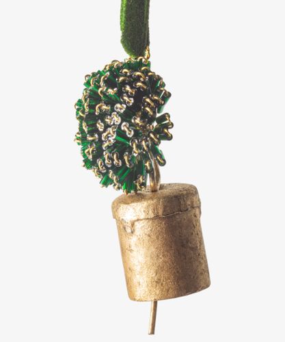 Beaded Pompom Bell Decoration Green