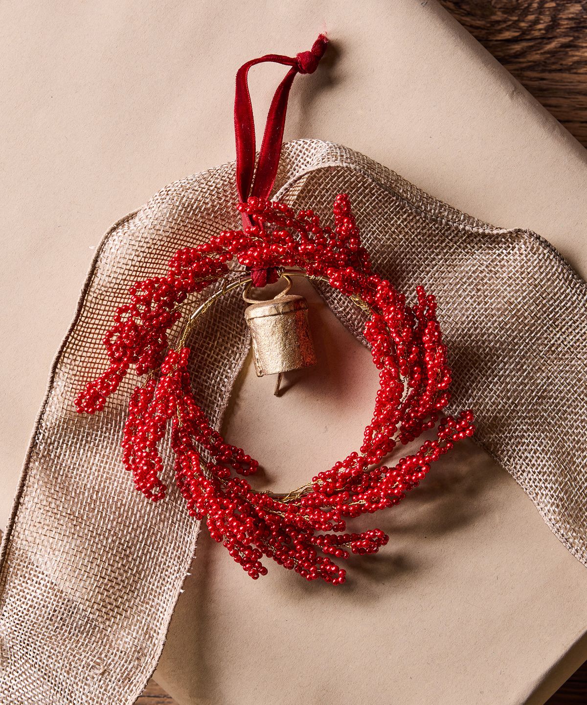 Hanging Beaded Ring with Bell Red