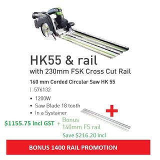 Festool HK55 Circular Saw with FSK250 with Bonus 1400 rail