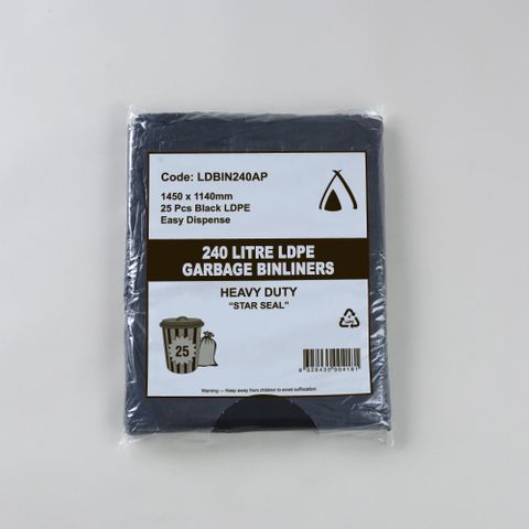 Tailored Packaging 240L Black Heavy Duty All Purpose Bin Liners 1450 x 1140 mm 240LT LDPE 25 Pack