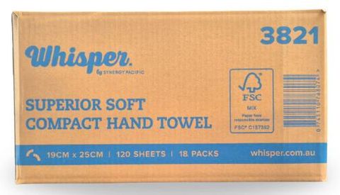 WHISPER COMPACT HAND TOWEL 19X25  18PKT 120 SHEETS