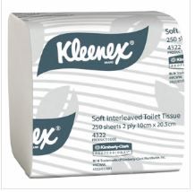 TOILET PAPER: Interleaved Toilet Tissue, 2ply, Kimberly Clark, Kleenex, 250 p/pk, 36 packs p/ctn