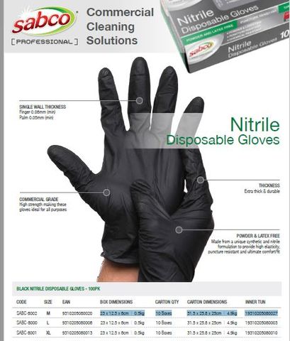 SABCO PROFESSIONAL BLACK MEDIUM  NITRILE GLOVES 100PER BOX