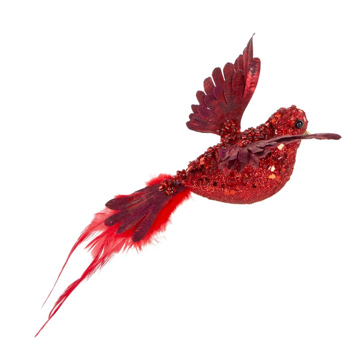 Flutter Sparkly Clip On Bird Decoration Red