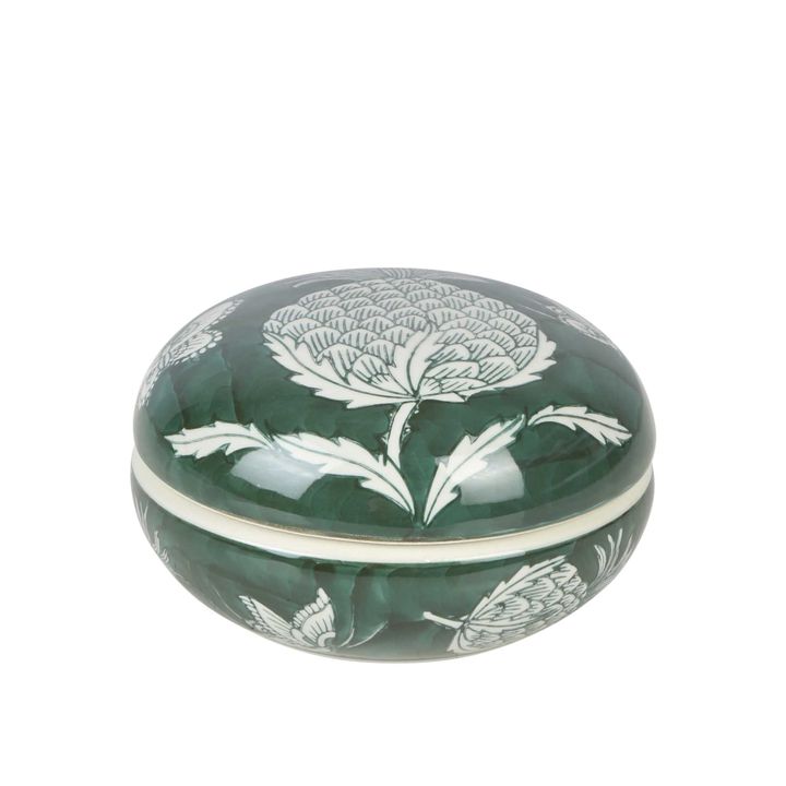 Thistle Trinket Round Bowl w Lid Green and White