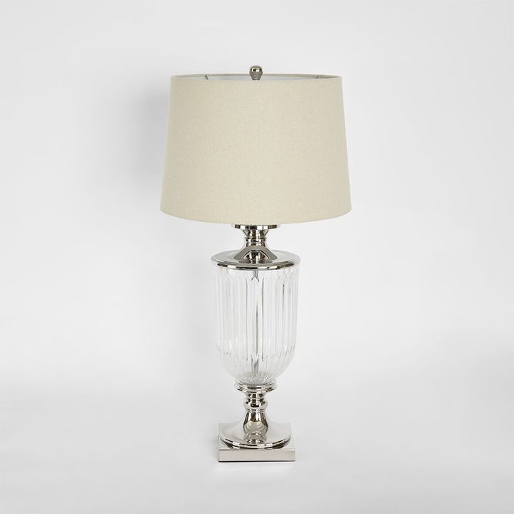 Bellevue Glass Nickel Lamp With Natural Linen Shade