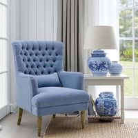 Bayside Slate Blue Hamptons Button Tufted Winged Armchair W/Wooden Legs