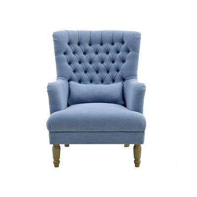 Bayside Slate Blue Hamptons Button Tufted Winged Armchair W/Wooden Legs