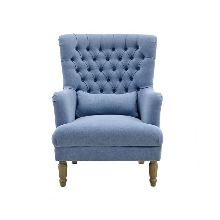 Bayside Slate Blue Hamptons Button Tufted Winged Armchair W/Wooden Legs