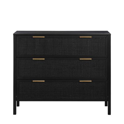 Santorini Hamptons 3 Drawer Timber/Rattan Dresser 100cm Black