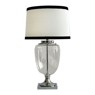 Charlotte Glass and Nickel Lamp with White Linen Shade (Black Trim)