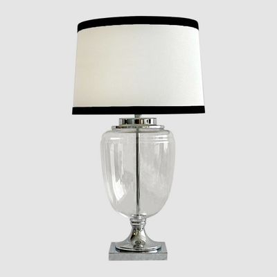 Charlotte Glass and Nickel Lamp with White Linen Shade (Black Trim)
