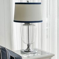 Charlotte Glass and Nickel Lamp with White Linen Shade (Navy Trim)