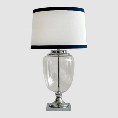 Charlotte Glass and Nickel Lamp with White Linen Shade (Navy Trim)