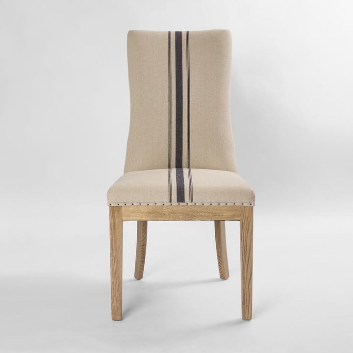 Oakwood Hamptons Linen Dining Chair Natural/Blue Stripe W/ Studs