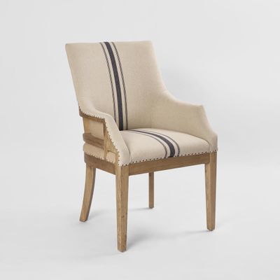 Oakwood Hamptons Linen Dining Chair Natural/Blue Stripe W/ Studs