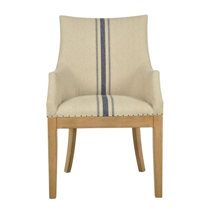 Oakwood Hamptons Linen Armchair Natural/Blue Stripe W/ Studs