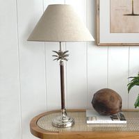 Nickel/Wood Palm Lamp W/Nat Linen Shade