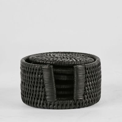 Paume Rattan Round Coaster Set 6 Black