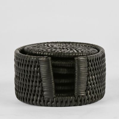 Paume Rattan Round Coaster Set 6 Black