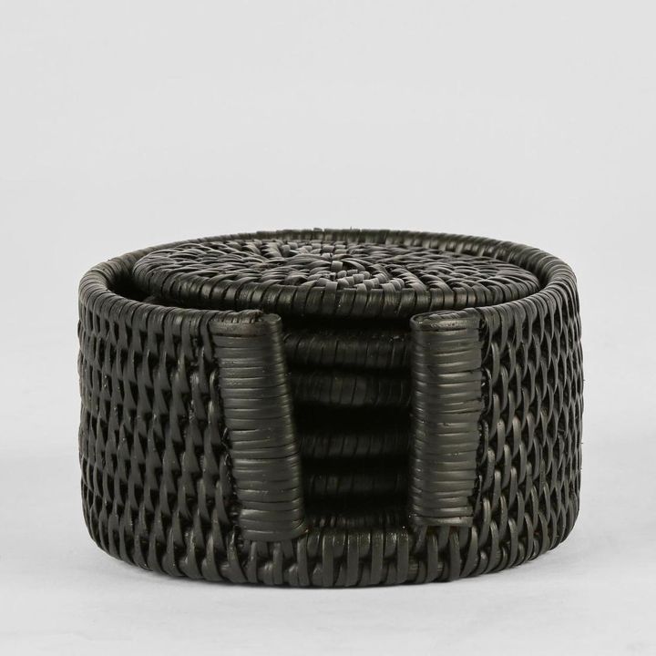 Paume Rattan Round Coaster Set 6 Black