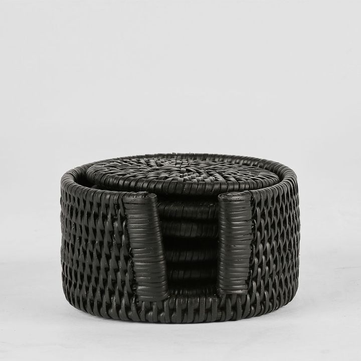 Paume Rattan Round Coaster Set 6 Black