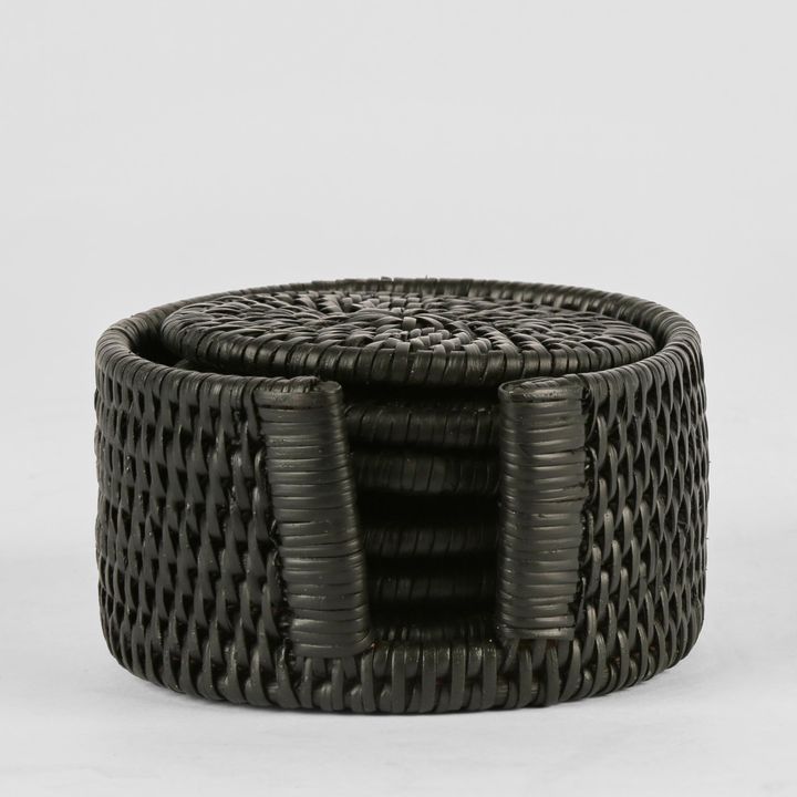 Paume Rattan Round Coaster Set 6 Black