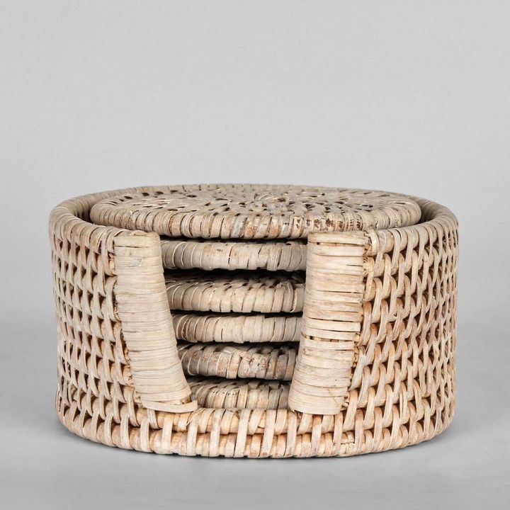 Paume Rattan Round Coaster Set 6 White Wash