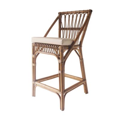 Cayman Rattan Hamptons Barstool Natural W/Beige Cushions & Footrest