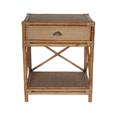 Cayman Rattan Hamptons One Drawer Bedside Table W/ Shell Handle