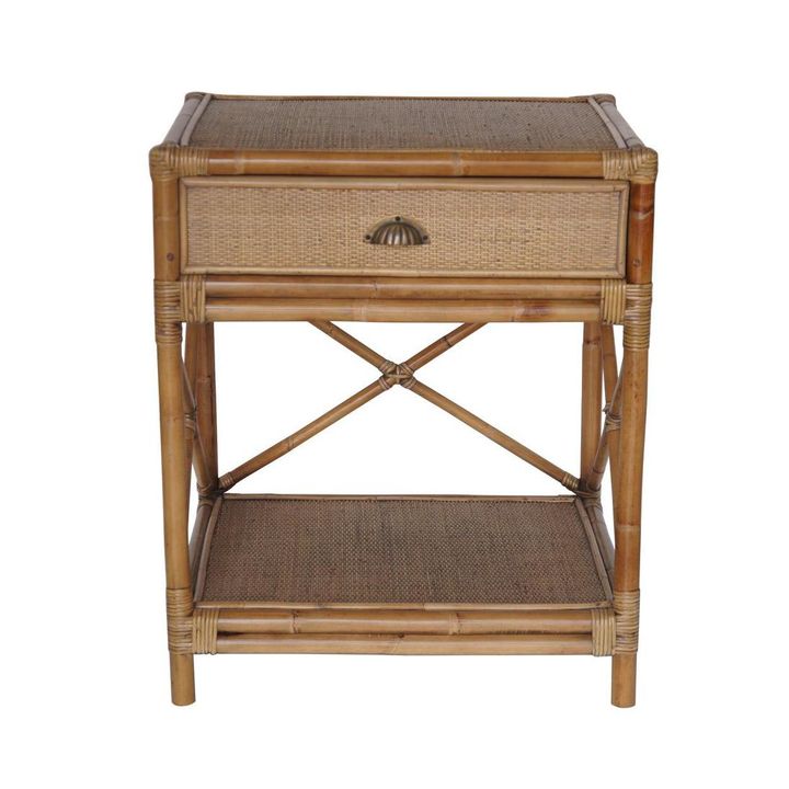 Cayman Rattan Hamptons One Drawer Bedside Table W/ Shell Handle