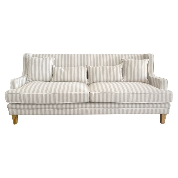 Bondi Hamptons 3 Seat Sofa Natural Stripe W/White Piping