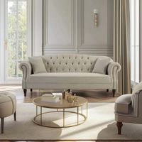 Vaucluse 3 Seat Hamptons Buttoned Sofa Beige Linen Blend