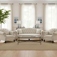 Vaucluse 3 Seat Hamptons Buttoned Sofa Beige Linen Blend