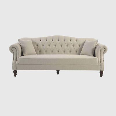 Vaucluse 3 Seat Hamptons Buttoned Sofa Beige Linen Blend