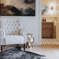 Maurice Natural Linen Blend Hamptons Buttoned Armchair W/Studs Dark Legs