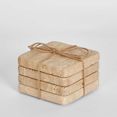 Graze Travertine Coaster Set4 Square Sand