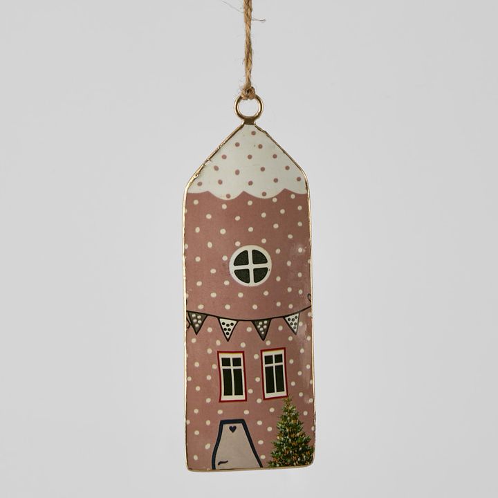 Village Enamel House Hanging Ornament Pink