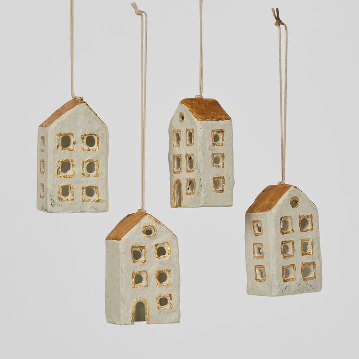 Mache House Hanging Ornament (Set of 4)