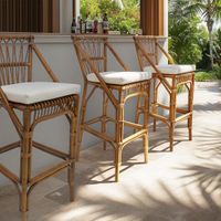 Cayman Rattan Hamptons Bar stool Natural W/Cream Cushions & Footrest