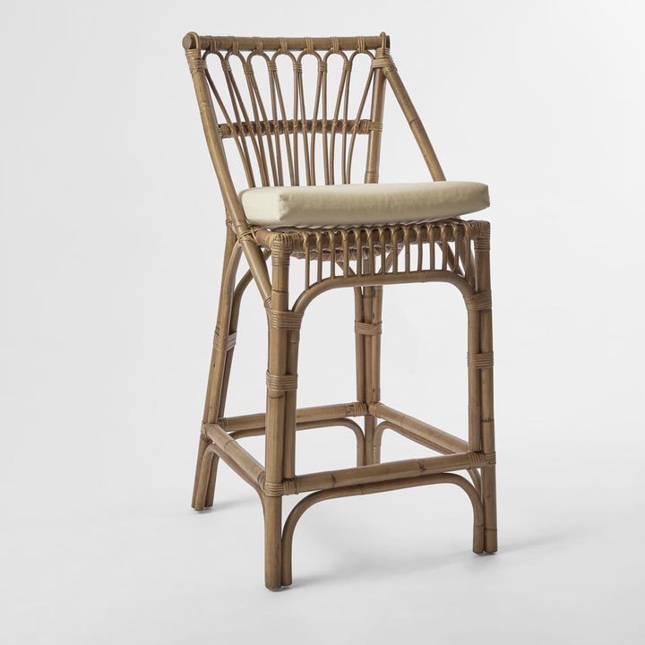 Cayman Rattan Hamptons Bar stool Natural W/Cream Cushions & Footrest